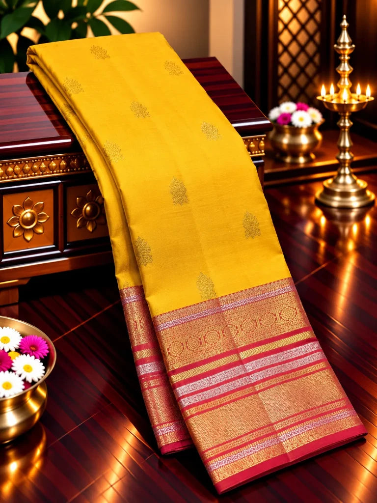 Mustard Yellow Pure Kanchipuram Silk Saree with Maroon Gold Zari Border | Bridal Saree