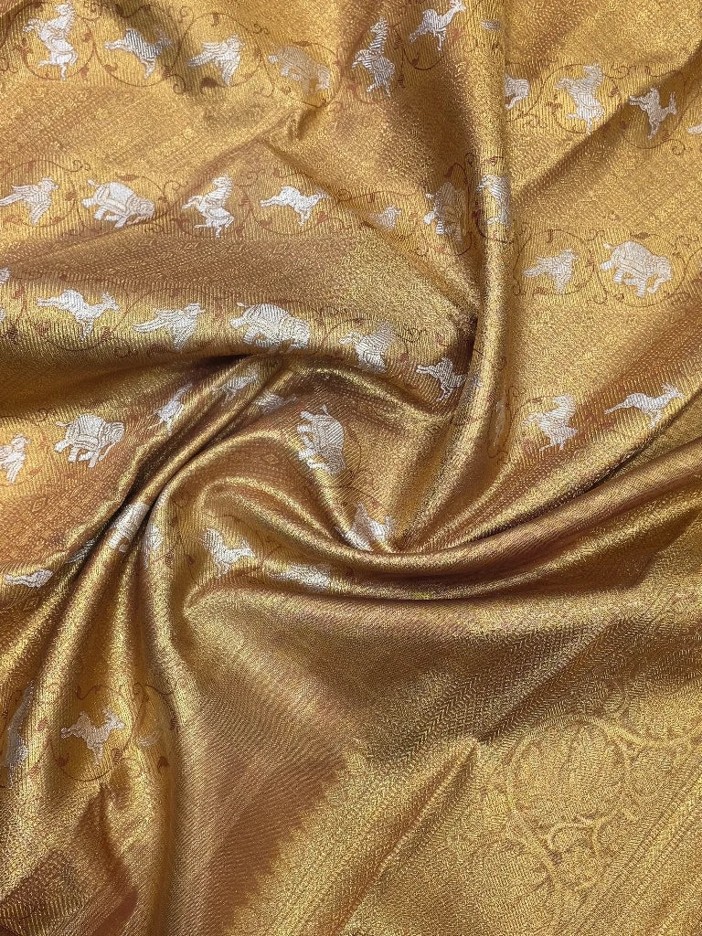 Antique Gold Pure Kanchipuram Silk Saree with Silver Elephant Motifs & Copper Zari Border