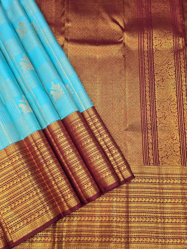 Sky Blue Pure Kanchipuram Silk Saree with Maroon Gold Zari Border | Traditional Bridal Silk Saree