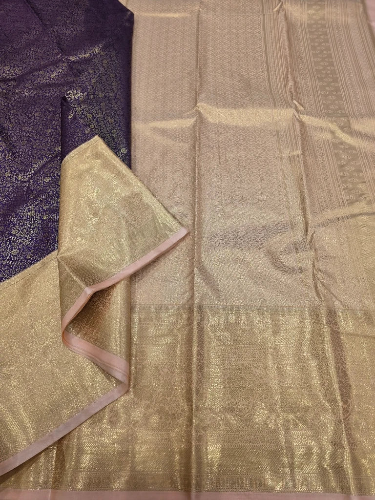 Royal Purple Semi Kanchipuram Silk Saree with Champagne Gold Zari Border & Rich Brocade Pallu