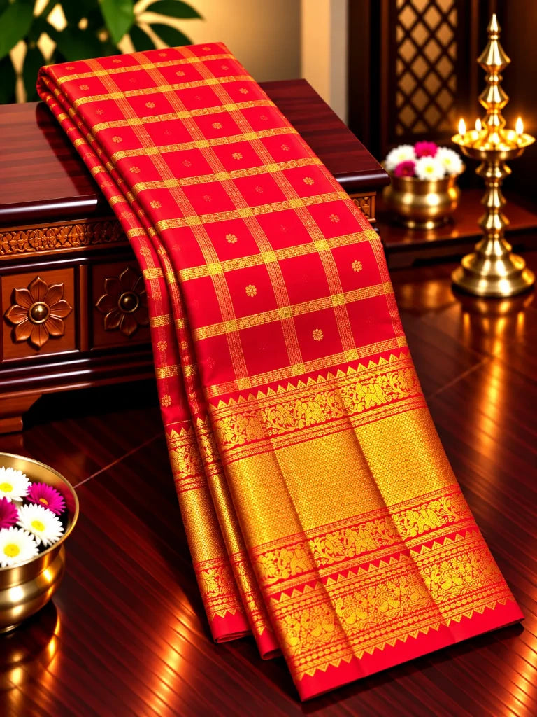 Royal Red Checks Pure Kanchipuram Silk Saree with Rich Gold Zari Temple Border | Traditional Bridal Saree