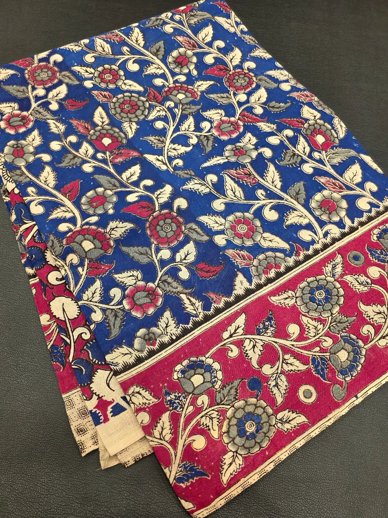 Royal Blue & Maroon Floral Kalamkari Saree with Traditional Peacock Design Pallu | Premium Kalamkari Collection