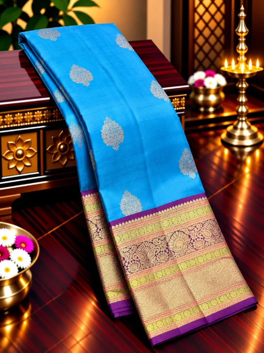 Blue Pure Kanchipuram Silk Saree with Purple Gold Zari Border | Bridal Saree