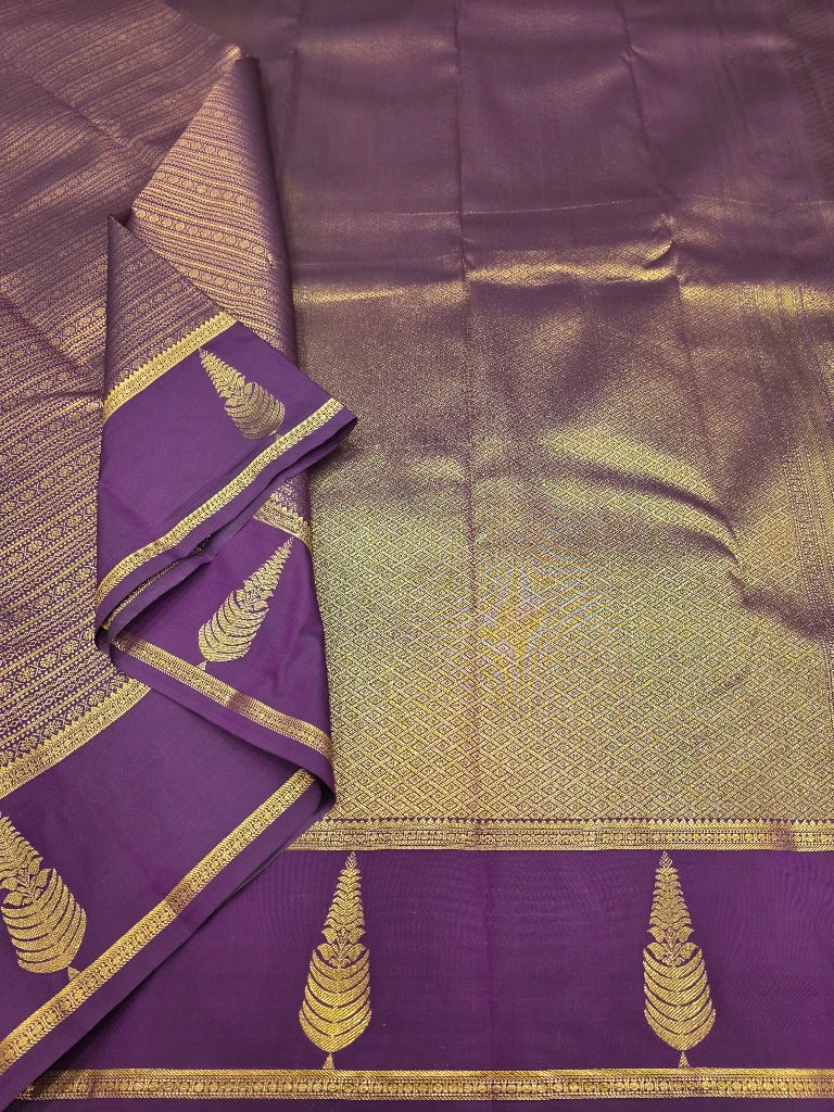 Royal Purple Semi Kanchipuram Silk Saree with Gold Zari Diamond Weave & Traditional Motif Border