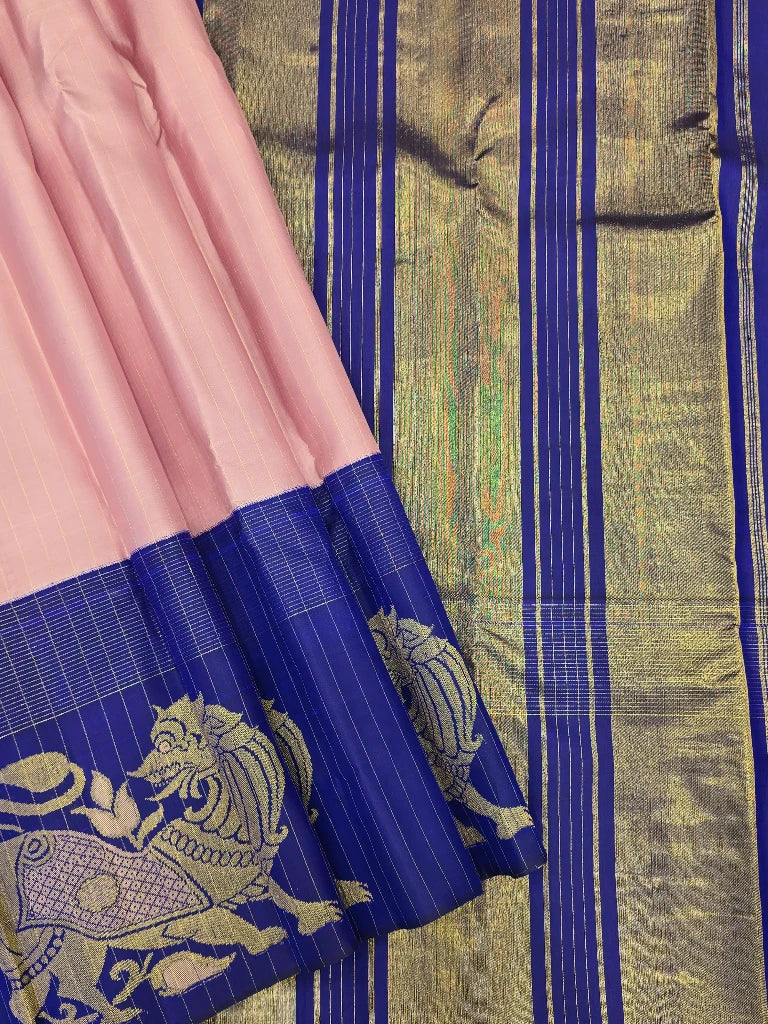 Baby Pink Pure Kanchipuram Silk Saree with Royal Blue Yali Zari Border | Traditional Bridal Saree
