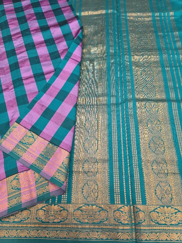 Peacock Blue & Lavender Pink Checks Semi Silk Cotton Saree with Rich Gold Zari Pallu | Kanchipuram Style