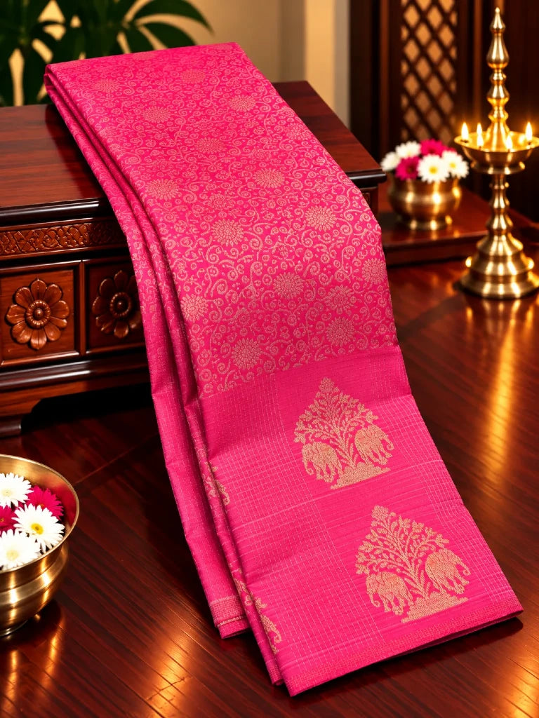 Royal Ruby Pink Pure Kanchipuram Silk Saree with Gold Zari Elephant Motif Border | Traditional Bridal Saree