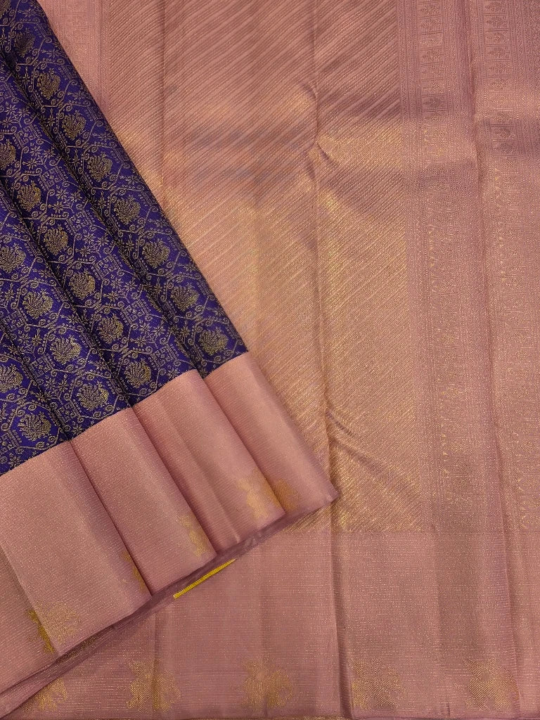 Royal Purple & Dusty Rose Pink Pure Kanchipuram Silk Saree with Gold Zari Border | Bridal Collection