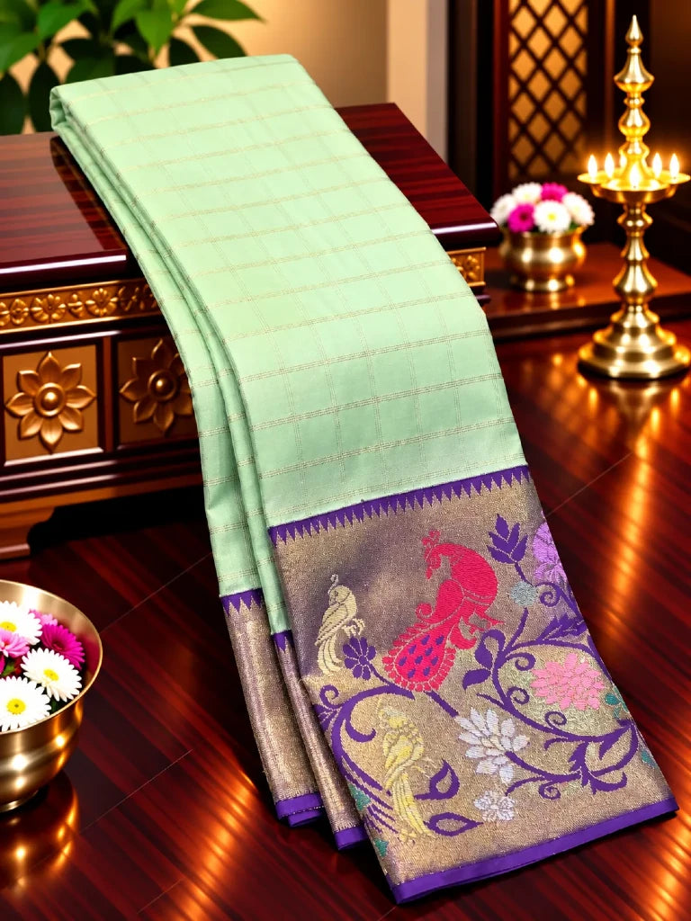 Pista Green Pure Kanchipuram Silk Saree with Purple Meenakari Peacock Border & Rich Gold Zari Pallu