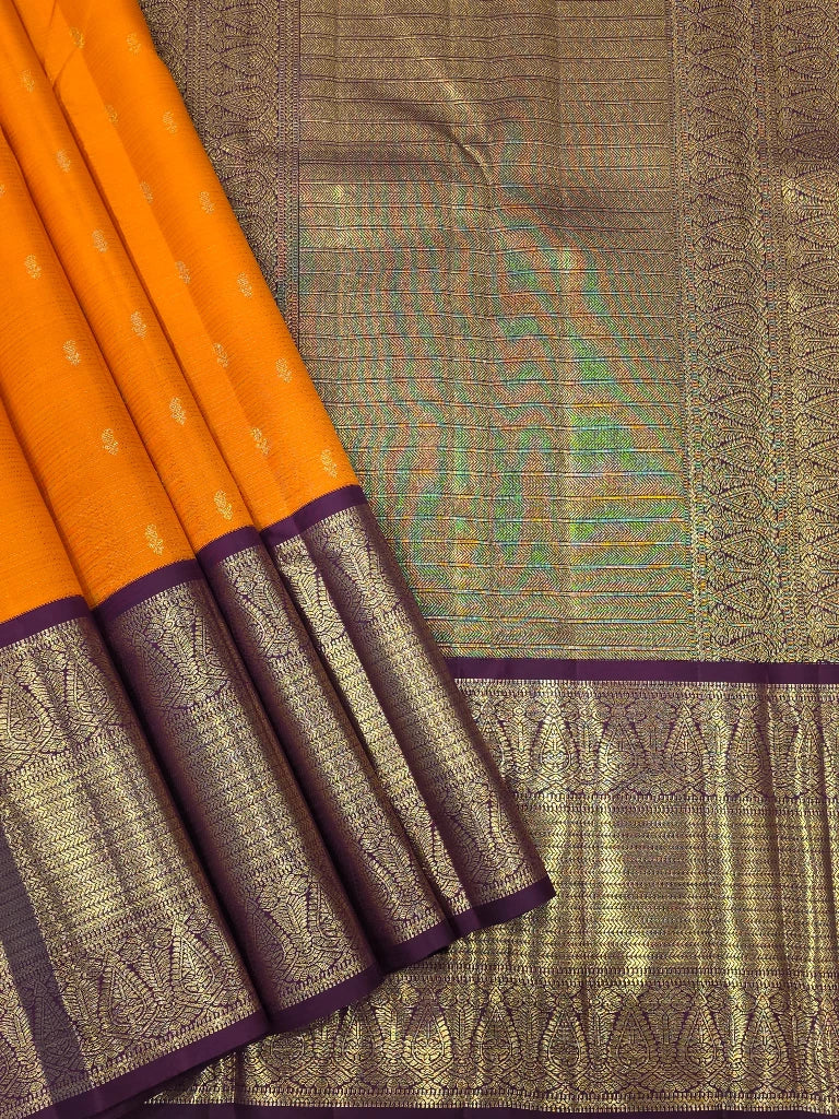 Royal Orange Pure Kanchipuram Silk Saree with Purple Contrast Border & Rich Gold Zari Pallu