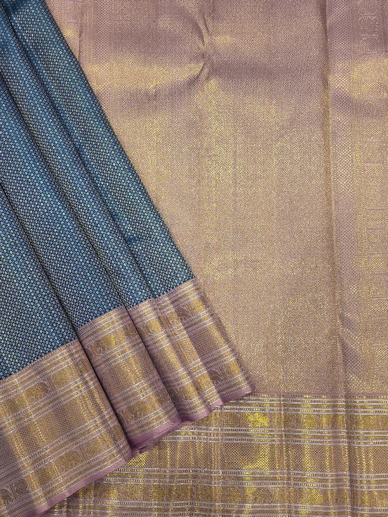 Royal Blue Pure Kanchipuram Silk Saree with Lavender Gold Zari Elephant Border | Bridal Silk Saree