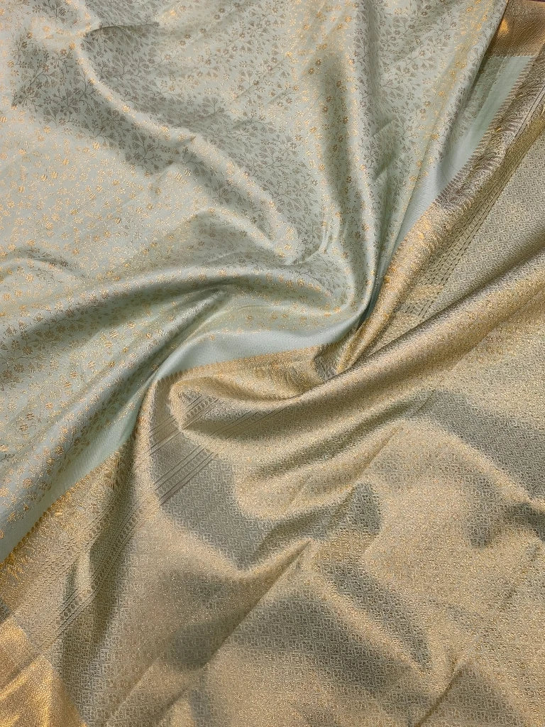Ice Blue Pure Kanchipuram Silk Saree with Antique Gold Zari | Luxury Bridal Saree