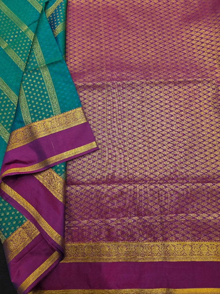 Teal Green Semi Kanchipuram Silk Saree with Magenta Purple Zari Border & Rich Gold Woven Pallu