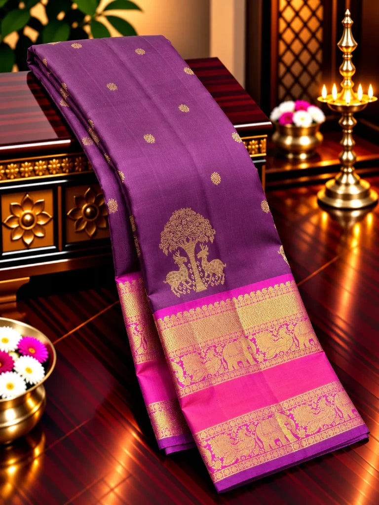 Royal Purple Pure Kanchipuram Silk Saree with Elephant & Peacock Zari Border | Bridal Saree