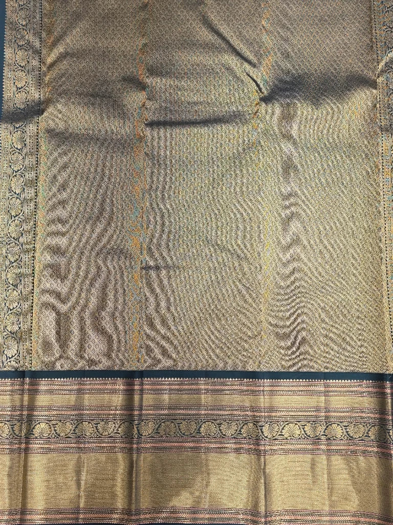 Ivory Pure Kanchipuram Silk Saree with Navy Blue Antique Gold Zari Border | Bridal Saree