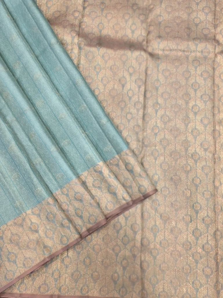Pastel Sky Blue Pure Kanchipuram Silk Saree with Silver Gold Zari Border | Traditional Bridal Saree
