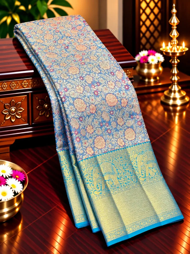 Royal Blue Floral Pure Kanchipuram Silk Saree with Teal Blue Gold Zari Border | Bridal Silk Saree
