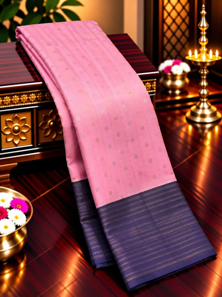 Baby Pink Pure Kanchipuram Silk Saree with Navy Blue Contrast Border | Traditional Bridal Saree