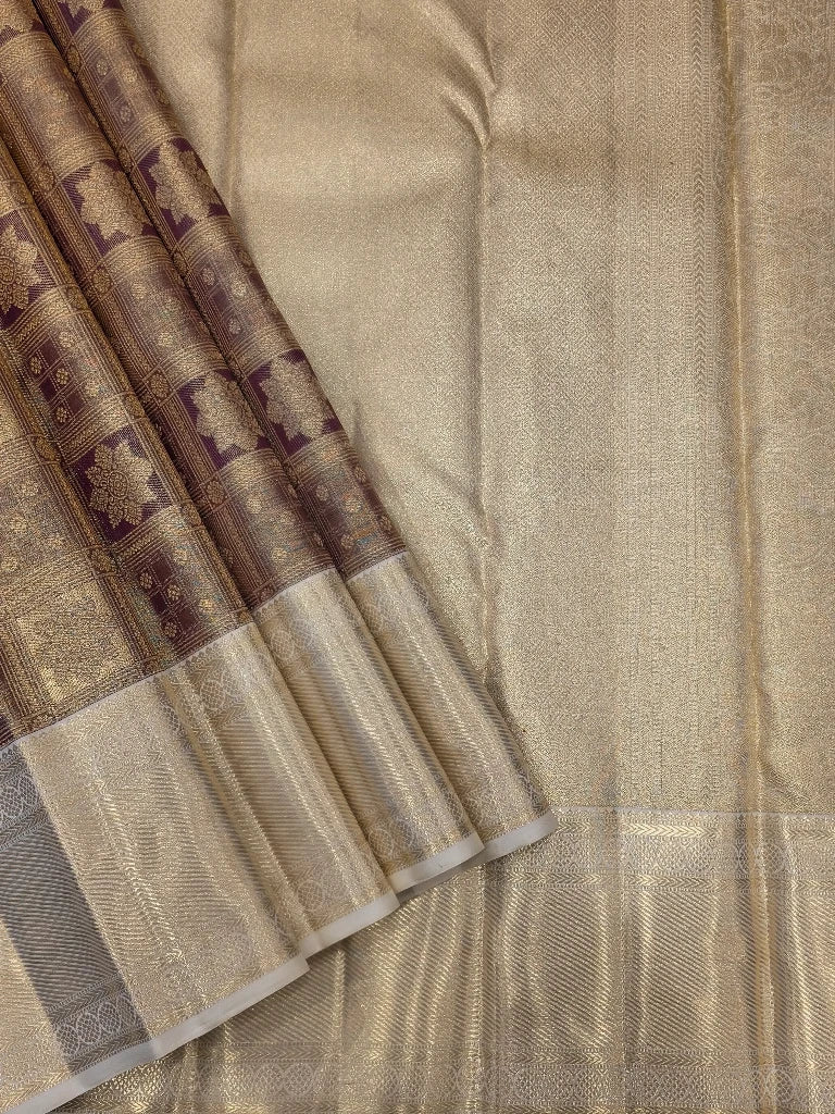 Royal Wine Purple Checks Pure Kanchipuram Silk Saree with Ivory Gold Zari Border & Rich Pallu