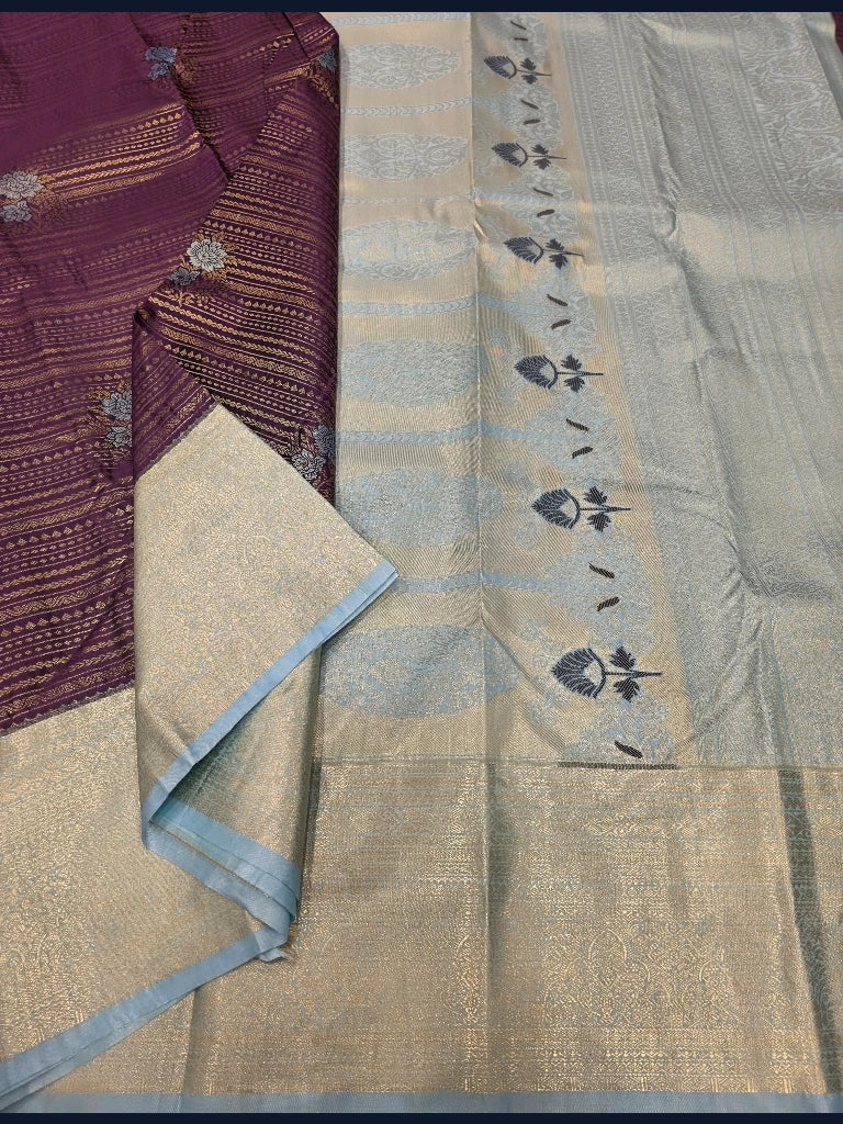 Wine Purple Semi Kanchipuram Silk Saree with Ice Blue Gold Zari Border & Rich Floral Pallu
