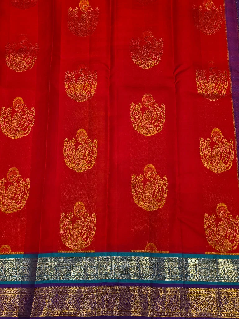 Red Pure Kanchipuram Silk Saree with Purple Peacock Zari Border & Rich Pallu | Bridal Saree