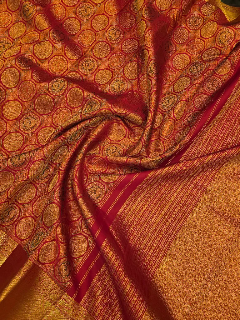 Royal Maroon Gold Zari Pure Kanchipuram Silk Saree with Traditional Coin Motifs | Bridal Silk Saree