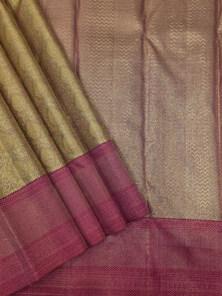 Antique Gold Pure Kanchipuram Silk Saree with Magenta Pink Zari Border & Rich Traditional Pallu