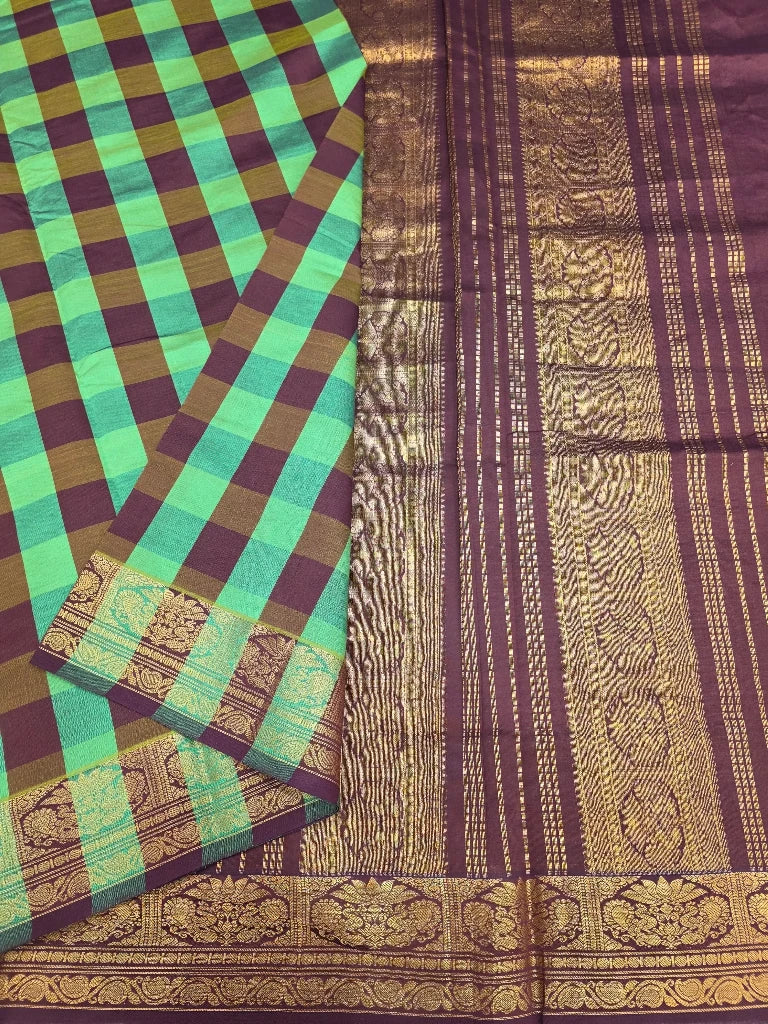 Sea Green & Wine Purple Checks Semi Silk Cotton Saree with Gold Zari Border | Kanchipuram Style