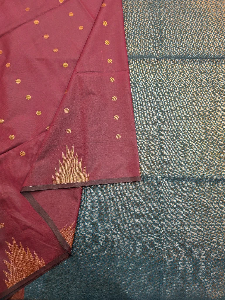 Dusty Rose Pink Semi Kanchipuram Silk Saree with Gold Zari Temple Border & Teal Blue Brocade Pallu