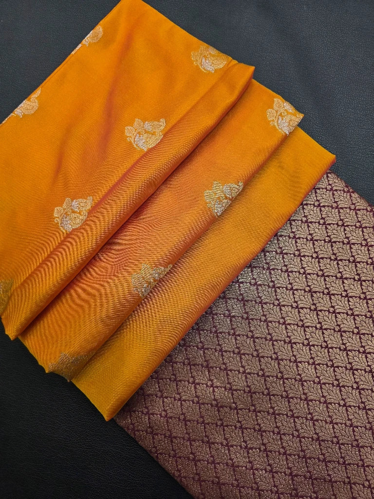 Mustard Yellow Semi Kanchipuram Silk Saree with Gold Zari Border & Wine Purple Brocade Pallu