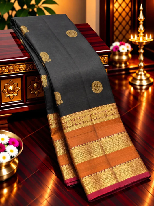 Black Pure Kanchipuram Silk Saree with Maroon & Gold Zari Border | Bridal Silk Saree