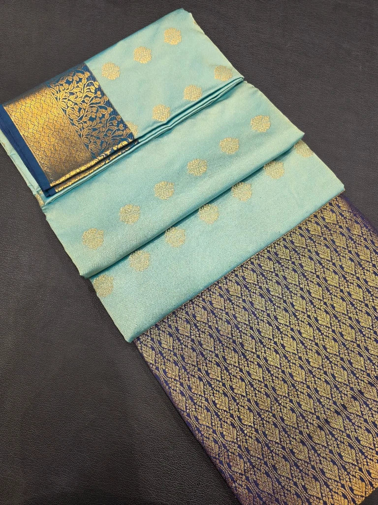 Pastel Aqua Blue Semi Kanchipuram Silk Saree with Navy Blue Gold Zari Border & Rich Brocade Pallu