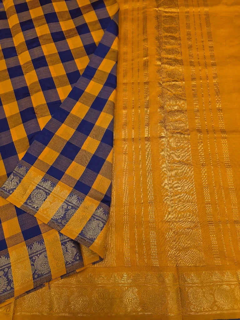 Mustard Yellow & Royal Blue Checks Semi Silk Cotton Saree with Gold Zari Border | Kanchipuram Style