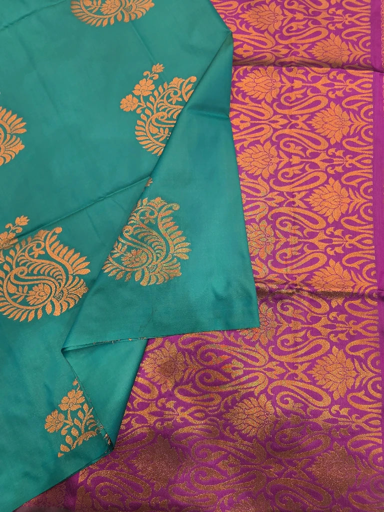 Peacock Green Semi Kanchipuram Silk Saree with Copper Zari Peacock Motifs & Magenta Pink Brocade Pallu