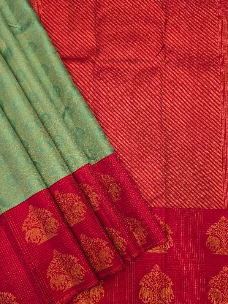Sea Green Pure Kanchipuram Silk Saree with Red Elephant Motif Border | Traditional Bridal Silk Saree
