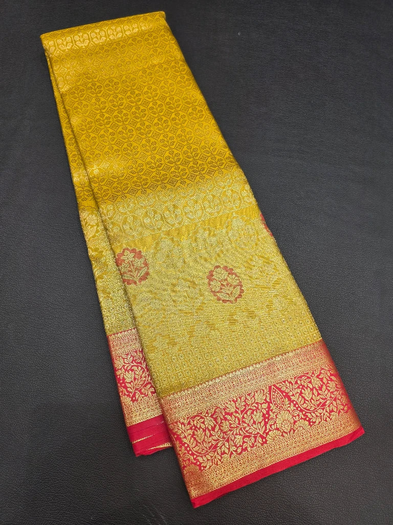 Mehendi Green Semi Kanchipuram Silk Saree with Rani Pink Gold Zari Border & Rich Pallu