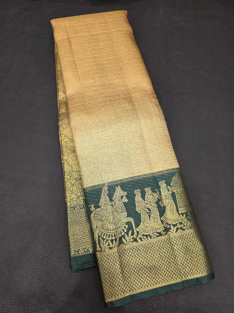Champagne Gold Semi Kanchipuram Silk Saree with Peacock Green Horse & Elephant Zari Border