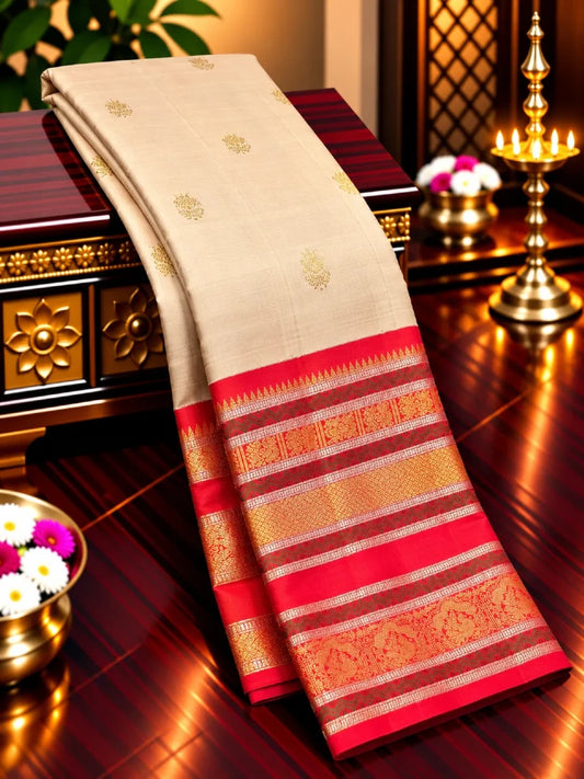 Ivory Pure Kanchipuram Silk Saree with Red Gold Zari Border | Traditional Bridal Saree