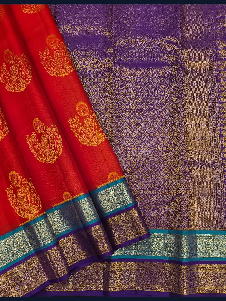 Red Pure Kanchipuram Silk Saree with Purple Peacock Zari Border & Rich Pallu | Bridal Saree