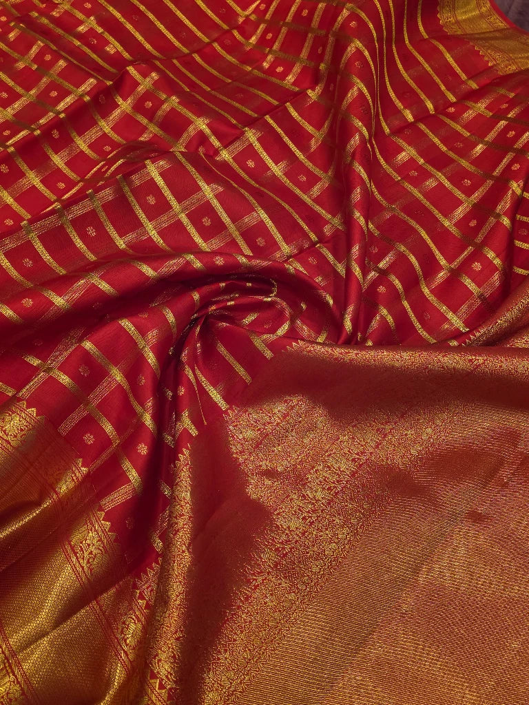 Royal Red Checks Pure Kanchipuram Silk Saree with Rich Gold Zari Temple Border | Traditional Bridal Saree