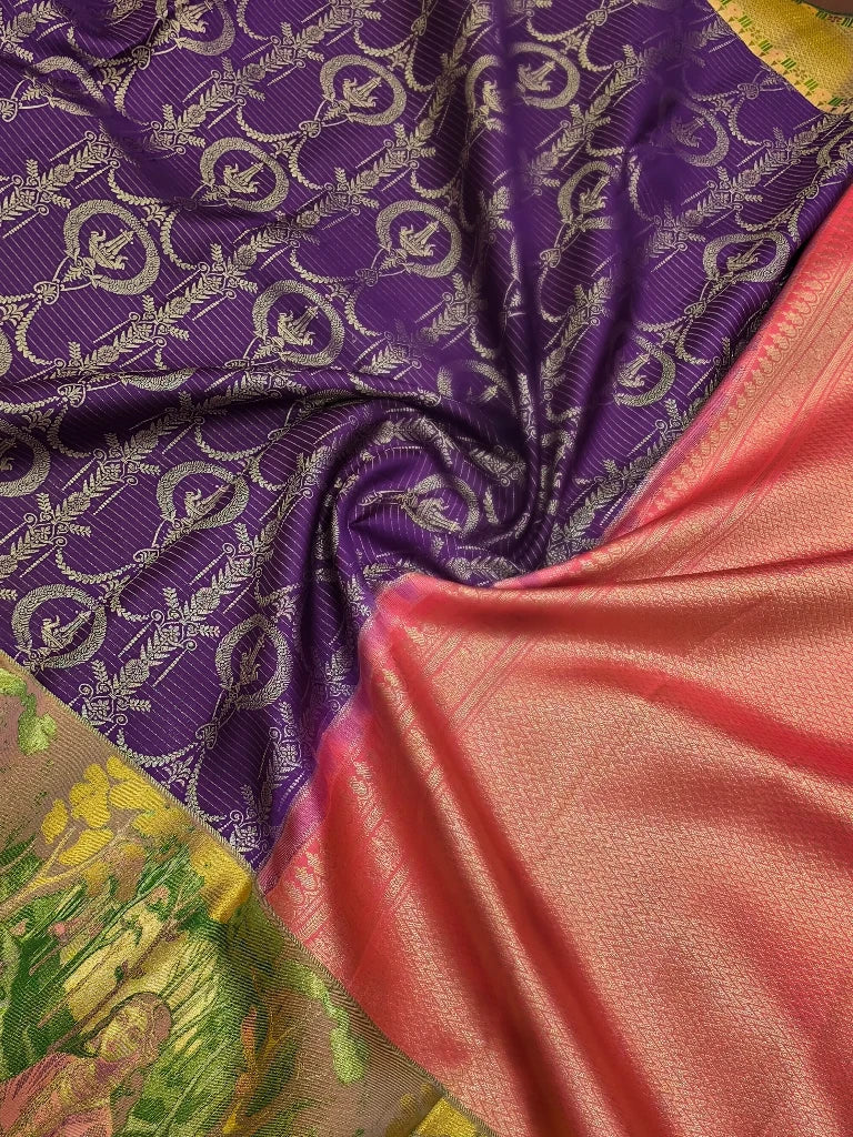 Royal Purple Pure Kanchipuram Silk Saree with Radha Krishna Inspired Zari Border & Pink Pallu | Bridal Saree