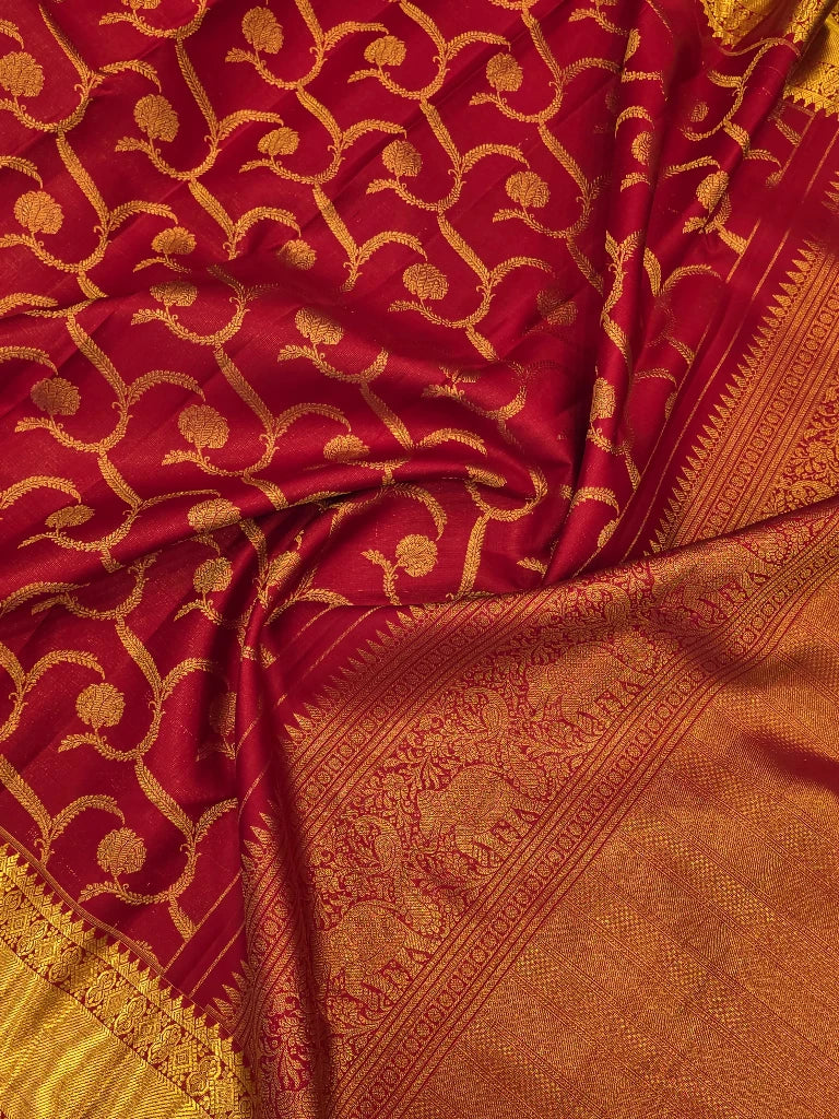 Royal Pink Pure Kanchipuram Silk Saree with Gold Zari Floral Buttas & Rich Bridal Border