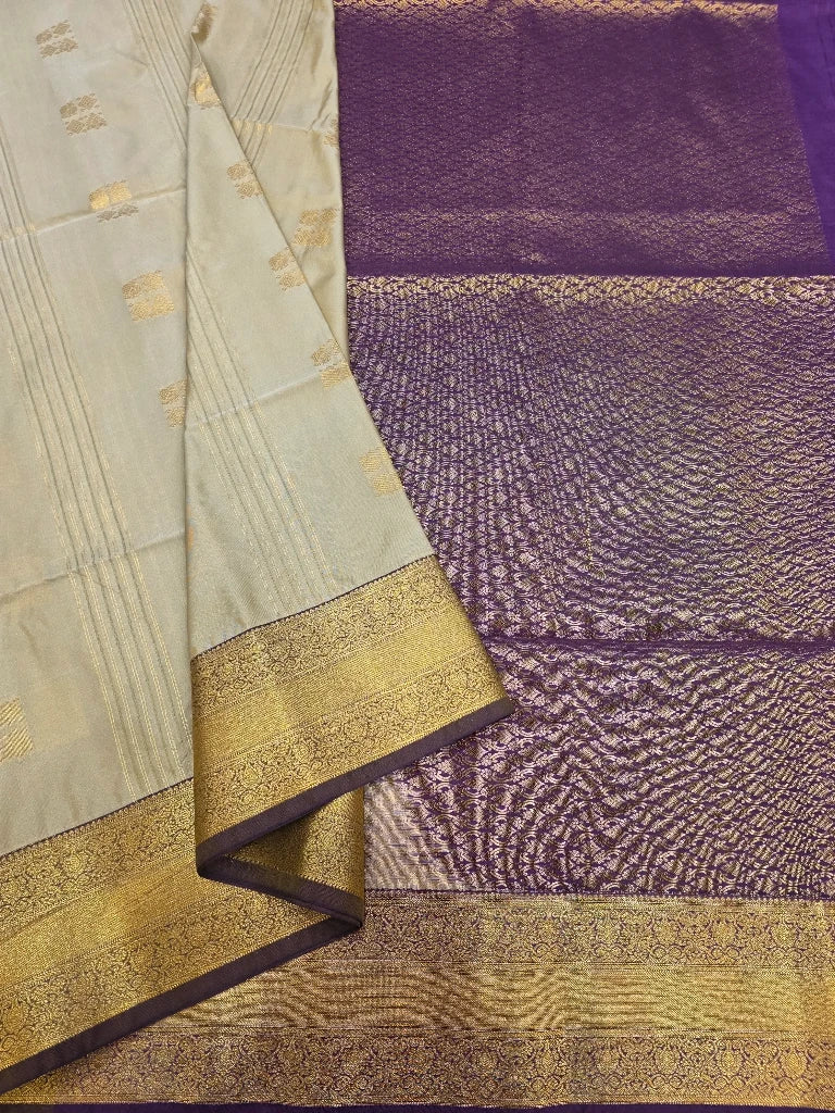 Ivory Cream Semi Kanchipuram Silk Saree with Royal Purple Contrast Zari Border & Rich Gold Brocade Pallu