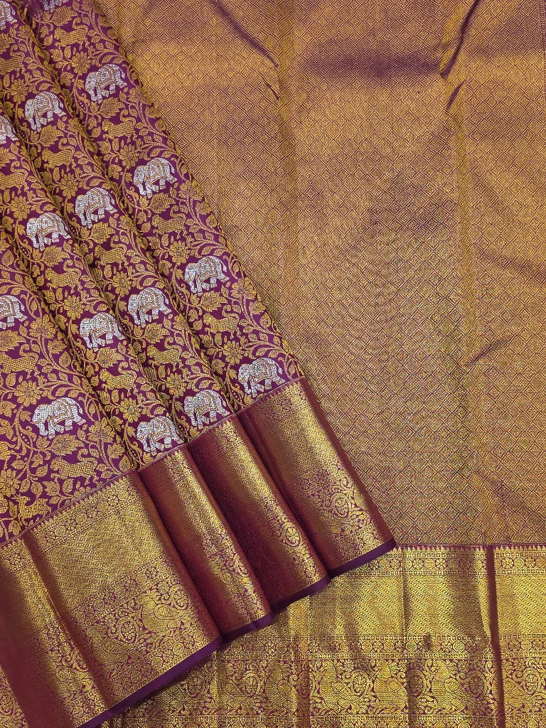 Royal Wine Purple Pure Kanchipuram Silk Saree with Elephant Motifs & Rich Gold Zari Border | Bridal Saree
