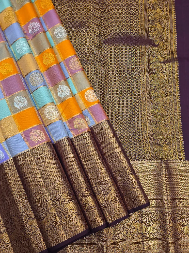 Royal Multicolour Checks Pure Kanchipuram Silk Saree with Elephant Zari Border & Rich Purple Pallu | Bridal Silk