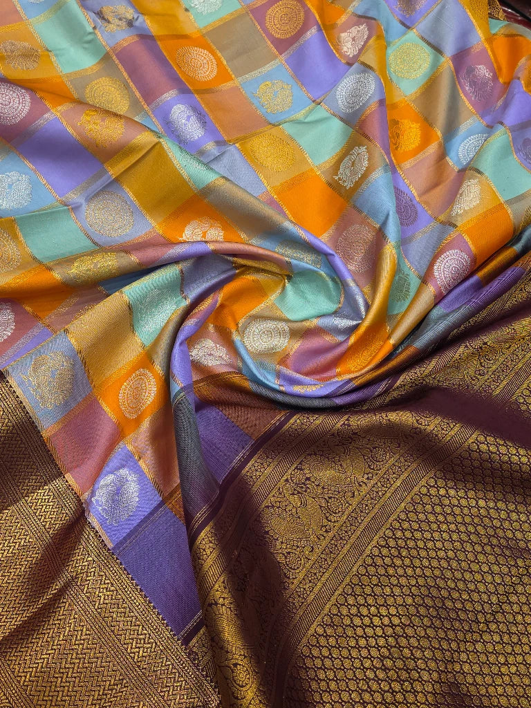 Royal Multicolour Checks Pure Kanchipuram Silk Saree with Elephant Zari Border & Rich Purple Pallu | Bridal Silk