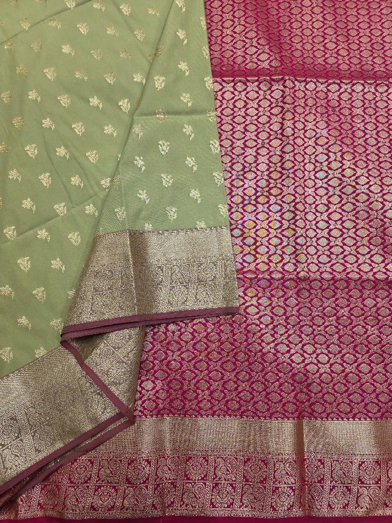 Sage Green Semi Kanchipuram Silk Saree with Gold Zari Border & Magenta Pink Brocade Pallu