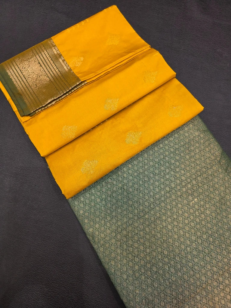Mustard Yellow Semi Kanchipuram Silk Saree with Bottle Green Contrast Border & Rich Gold Zari Pallu