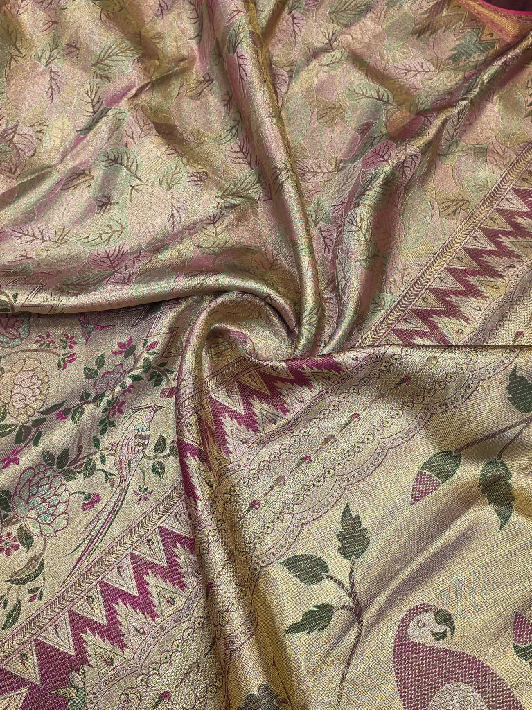 Royal Floral & Parrot Motif Pure Kanchipuram Silk Saree | Antique Gold Zari with Pink Border | Bridal Saree