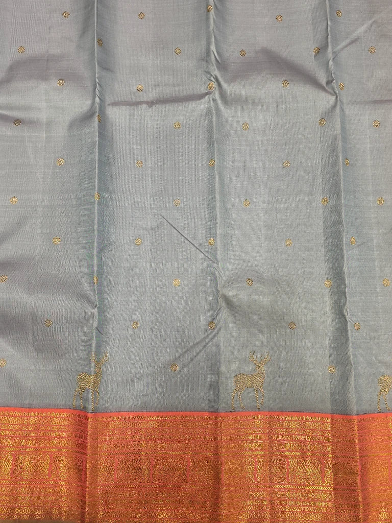 Ice Blue & Coral Pure Kanchipuram Silk Saree with Deer Zari Motifs | Bridal Saree